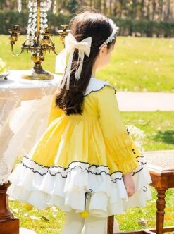 Cute Doll Collar Bowknot Hem Fur Ball Frenulum Stitching Lantern Sleeves Classic Lolita Kids Long-Sleeved Dress -NAUS Lolita Shop 5 500x672 1141