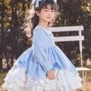 Blue Plaid Lace Multilayer Ruffle Hem Simple Design Classic Lolita Kids Long Sleeve Dress