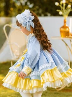 Yellow Blue White Color Matching Lantern Sleeves Ruffle Hem Bow-Knot Decoration Spring Autumn Princess Dress Classic Lolita Kids Long-Sleeved Dress -NAUS Lolita Shop 5 500x672 1143