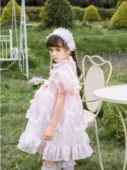 Cute Lotus Leaf Collar Pink Bow Decoration Double Pleated Hem Children Lolita Kids Puff Sleeve Dress -NAUS Lolita Shop 5 500x672 1146