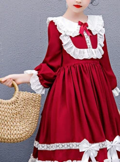 Doll Collar White Lace Wine Red Classic Lolita Long Sleeve Dress -NAUS Lolita Shop 5 500x672 1157