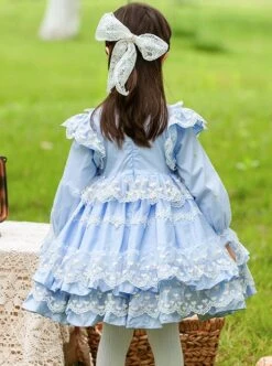 Blue Round Neck Love Polka Dot Lace Decoration Elegant Love Bow-Knot Decoration Design Sweet Lolita Kids Long Sleeve Dress -NAUS Lolita Shop 5 500x672 1165