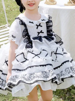 White Musical Note Lace Black Bowknot Children Sweet Lolita Doll Collar Short Sleeve Dress -NAUS Lolita Shop 5 500x672 1171