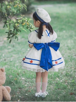 Small Navy Series Large Square Neckline Red Pentagram Decoration Bow Knot Children Lolita Kids White Short Sleeve Dress -NAUS Lolita Shop 5 500x672 1174