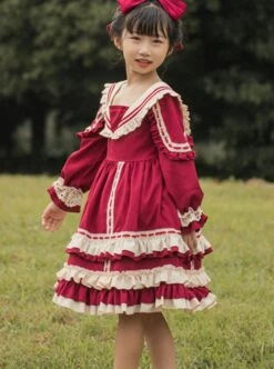 Miss Betty Series Vintage Court Style V-Neck Striped Ruffle Lace Red Ribbon Decorated Classic Lolita Kids Long Sleeve Dress -NAUS Lolita Shop 5 500x672 1175