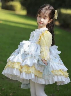 Rabbit Embroidery Plaid Printing Yellow White Fresh Multi-Layer Hem Design Cute Classic Lolita Kids Long Sleeve Dress -NAUS Lolita Shop 5 500x672 1176