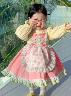 Spring Cute Maid Apron Floral Lace Lantern Sleeves Sweet Lolita Kids Long Sleeve Dress -NAUS Lolita Shop 5 500x672 1178