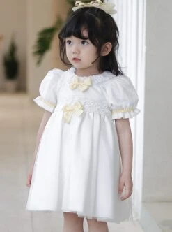 Summer Princess Cute Daily Round Neck Yellow Bow Decoration Lace Embroidery Sweet Lolita Puff Sleeve Kids Dress -NAUS Lolita Shop 5 500x672 1188