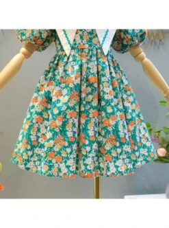 Color Floral Decoration White Triangular Lapel Design Cotton Classic Lolita Kid Short Sleeve Dress -NAUS Lolita Shop 5 500x672 1189