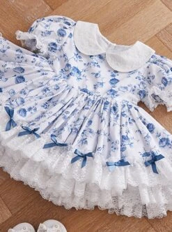 Blue Rose Flower Print Decoration Pleated Lace Jacquard Bow Hem White Doll Neckline Classic Lolita Kid Dress -NAUS Lolita Shop 5 500x672 1191