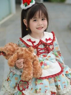 Spring Autumn Doll Collar Christmas Little Bear Print Bowknot Small Colored Ball Apron Sweet Lolita Kids Long-Sleeved Dress -NAUS Lolita Shop 5 500x672 1198