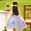 Cute Cartoon Pattern Print Blue Bow Knots Layered Pleated Lace Trim Children Lolita Kids Sleeveless Dress