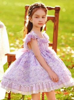 Classic Lolita Pleated Lace Bow Knot White Jacquard Lace Trim Purple Floral Kid Dress -NAUS Lolita Shop 5 500x672 1205