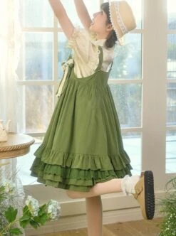 Forest Style Leaf Lace Ruffles Bowknot Sweet Retro Doll Classic Lolita Green Suspender Dress Short Sleeves Shirt Set -NAUS Lolita Shop 5 500x672 121