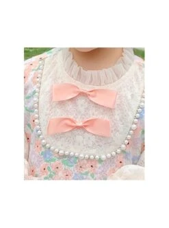 Cute Pink Floral Print Ruched Lace Ruffle Trim Pearl Bow Classic Lolita Long Sleeve Kid Dress -NAUS Lolita Shop 5 500x672 1217