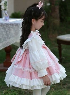 Pink Cute Princess Fluffy Bowknots Puff Sleeves White Ruffles Floral Lace Kids Sweet Lolita Long Sleeves Dress -NAUS Lolita Shop 5 500x672 1228