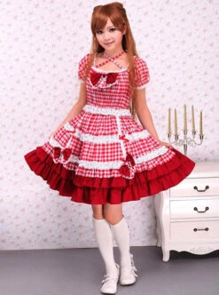 Cotton Red Plaid Ruffle Sweet Lolita Short Sleeve Dress -NAUS Lolita Shop 5 500x672 1232