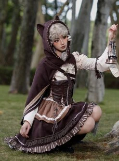 Hunter Series Pirate Style Steampunk PU Belt Apricot Splicing Brown Drawstring Straps Dress OP Hooded Cloak Set -NAUS Lolita Shop 5 500x672 1246