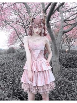 Cherry Nightmare Series Pink Velvet Jacquard Embroidery Metal Cross Design Double-Layer Pleated Lace Gothic Sexy Sling Dress -NAUS Lolita Shop 5 500x672 1254