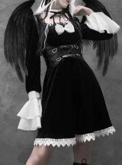 White Lace Black Velour Gothic Long Sleeve Lantern Sleeve Bowknot Dress -NAUS Lolita Shop 5 500x672 1268