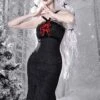 Winter Carol Series Velvet Shoulder Strap Slim Slits Fishtail Skirt Red Bowknot Christmas Gothic Sleeveless Dress