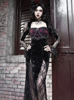 Halloween Gothic Velvet Panel Lace Crucifix Metal Chain Decoration Slim Fit Fishtail Long Sleeve Dress -NAUS Lolita Shop 5 500x672 1270