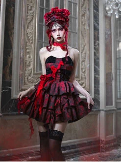 Hades Banquet Series Gothic Red Cross Design Three-Dimensional Lace Rose Jacquard Decoration Sleeveless Dress -NAUS Lolita Shop 5 500x672 1283