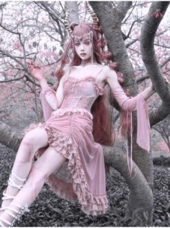 Cherry Nightmare Series Velvet Embossed Fabric Lace Frills Drawstring Design Stretch Flared Sleeves Sexy Gothic Pink Sling Dress -NAUS Lolita Shop 5 500x672 1287