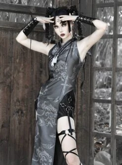 Punk Style Improved Cheongsam Cross-Collar Embroidery Tassel Decorative Totem Print PU Stitching Cross Halloween Sleeveless Dress -NAUS Lolita Shop 5 500x672 1291