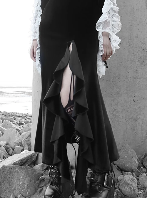 White Lace Black Velour Medieval Gothic Long Style Fishtail Dress 1 White Lace Black Velour Medieval Gothic Long Style Fishtail Dress