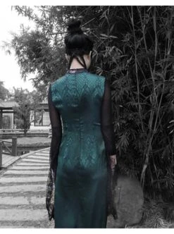 Lust Snake Series Improved Cheongsam Stand Collar Green Duckweed Jacquard Black Lace Gothic Split Dress 17 Lust Snake Series Improved Cheongsam Stand Collar Green Duckweed Jacquard Black Lace Gothic Split Dress -NAUS Lolita Shop 5 500x672 1294