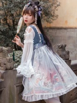 Chinese Style Daily Hollow Out Trumpet Sleeve Printed Lace Ruffle Hem Classic Lolita Long-Sleeved Dress -NAUS Lolita Shop 5 500x672 133