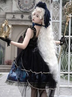 Vintage Gorgeous Fairy Fish Fantasy Print Lace Square Neck Elegant Bead Chain Decorate Gothic Lolita Sleeveless Dress -NAUS Lolita Shop 5 500x672 163