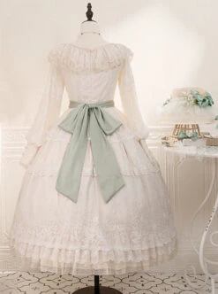 Delicate Ornate Pleated Embroidered Lace Layered Hem Cross Straps Bow Knot Classic Lolita Long Sleeve Dress -NAUS Lolita Shop 5 500x672 175