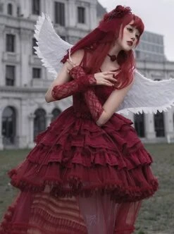 Double Strap Bow Ribbon Rose Pendant Layered Dress Design Elegant Flowy Gothic Lolita Dress Set -NAUS Lolita Shop 5 500x672 177