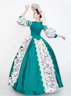 Retro Green Neckline Printed Bow Mid-length Trumpet Sleeve European Court Lolita Prom Dress -NAUS Lolita Shop 5 500x672 181