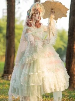 Retro Gorgeous Spring Tea Party Girl Green Bare Shoulder Sweet Lolita Mid-Sleeved Dress -NAUS Lolita Shop 5 500x672 198