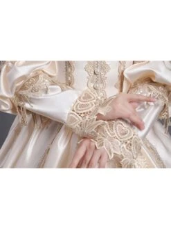 Champagne Noble Retro Style Long Sleeve Pearls Lace Love Decoration Prom Lolita Dress -NAUS Lolita Shop 5 500x672 204
