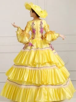 Yellow Mid-length Sleeve Sequin Pink Flowers Embroidery European Court Lolita Prom Dress -NAUS Lolita Shop 5 500x672 228
