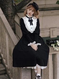 Silent Poem Series Black Nun Autumn Winter White Ruffles Lace Classic Retro Gothic Style Lamb Leg Sleeves Dress -NAUS Lolita Shop 5 500x672 24