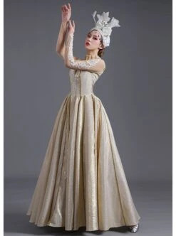 Light Golden High Waist Embroidery Long Sleeve Big Hem Dance Chorus Performance Prom Lolita Dress -NAUS Lolita Shop 5 500x672 247