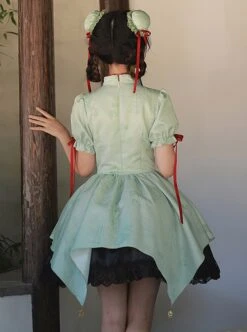 Orchid Pavilion Chinese Style Bamboo Leaves Auspicious Clouds Green Print Elegant Splice Lace Broad Sleeves Classic Lolita Dress OP -NAUS Lolita Shop 5 500x672 262