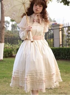 Retro Ruffle Stand Collar Puff Sleeves Detachable Long Sleeves Pearl Bow-Knot Decoration Classic Lolita Long Sleeves Short Sleeves Two-Wear Dress -NAUS Lolita Shop 5 500x672 264