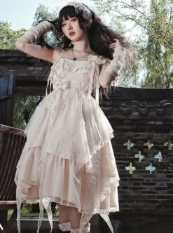 Pure Color Irregular Skirt Three-Dimensional Flower Corsage Waist Chain Elegant Sleeveless Classic Lolita Dress -NAUS Lolita Shop 5 500x672 279