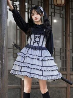 Foggy Moon Series Black Lace Decoration Gray Blue Three-Stage Ruffle Stitching Hem Classic Lolita Sleeveless Dress -NAUS Lolita Shop 5 500x672 280