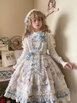 Deer Bell Girls Series Elegant Cute Animal Pattern Printing Lace Bowknot Decoration Ruffle Hem Classic Lolita Short Sleeve Dress OP -NAUS Lolita Shop 5 500x672 282