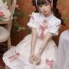 Bow Print Graphic Decoration Small Shawl Chinese Style Buckle Design Pleated Fluffy Lace Hem Classic Lolita Short Sleeve Dress