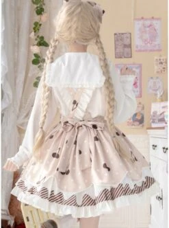 Cherry Milk Pie Series JSK Cute Polka Dot Pattern Brown Element Bow Tie Pleated Lace Classic Lolita Sling Dress -NAUS Lolita Shop 5 500x672 290