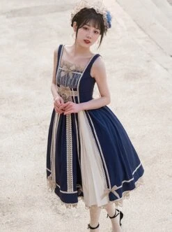 Navy Blue Lace Bow Elegant Color Contrast Vintage JSK Classic Lolita Sleeveless Dress Set -NAUS Lolita Shop 5 500x672 292
