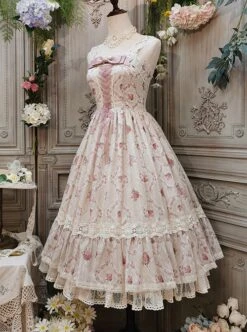 Elegant And Delicate Pink Floral Print Design Jacquard Lace Trim Bow Knot Tie Classic Lolita Slip Dress -NAUS Lolita Shop 5 500x672 295
